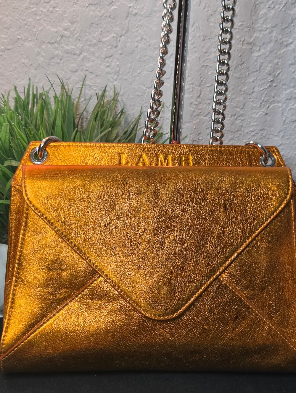 L.A.M.B. Gwen Stefani Metallic Copper Orange Envelope Clutch Chain Crossbody Bag